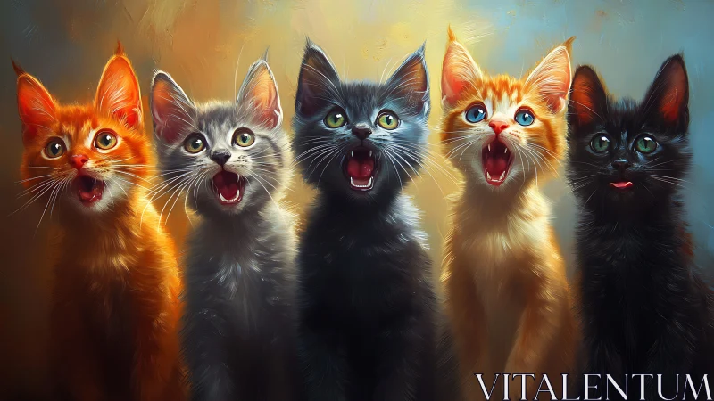 Five Expressive Cats with Vibrant Eyes and Open Mouths