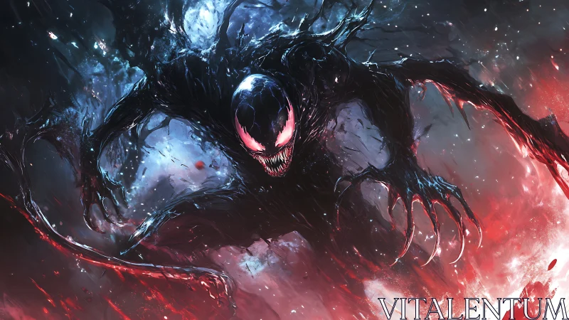 Dark alien monster lunging in chaotic cosmic battle scene.