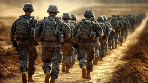 Dusty path carries determined soldiers forward in quiet unity