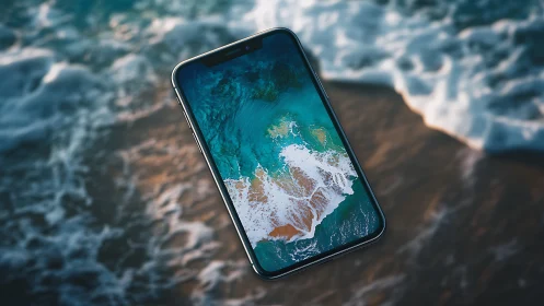 Smartphone screen mirrors breaking ocean waves in midair