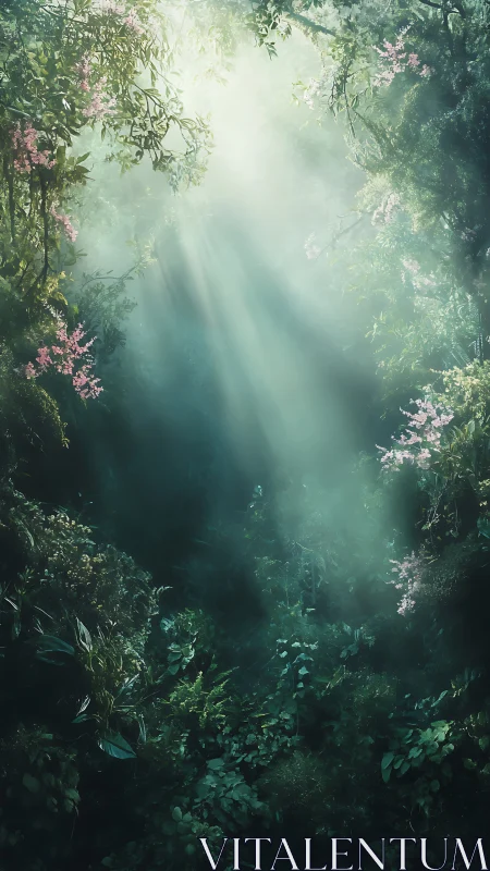 Gentle sunbeams pouring into a quiet enchanted forest glade.
