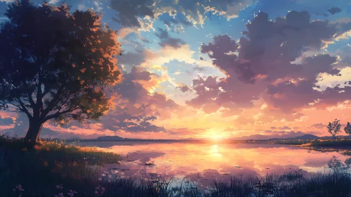 Painterly lakeside sunset unifying warm gradients and silhouette