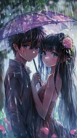 Anime couple under purple umbrella in soft rainstorm scene.
