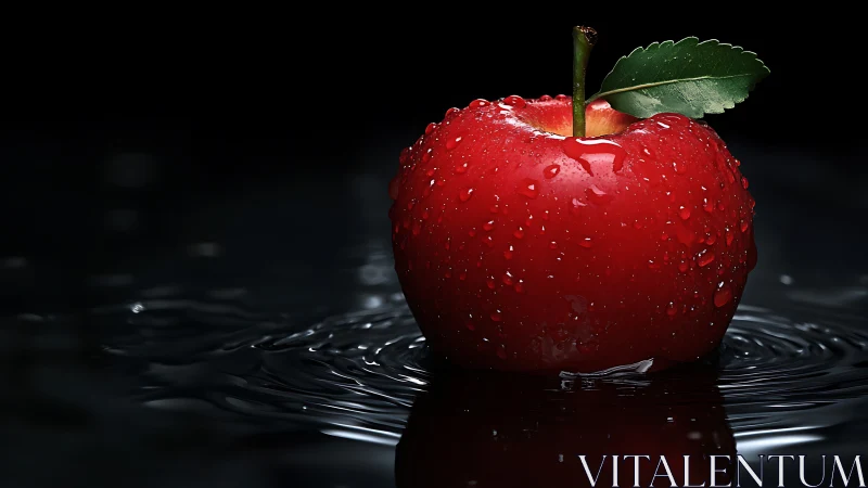 Red apple with water droplets on dark reflective surface.