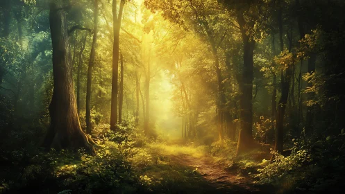 Forest path with directional light and dense vegetation