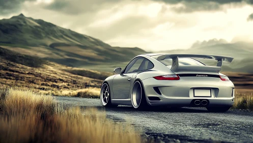 Silver sports coupe accelerates along remote mountain road