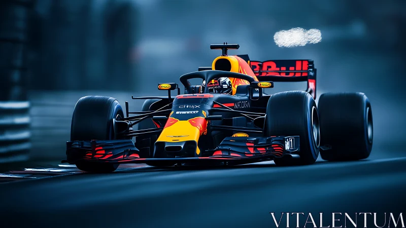 Formula race car on track in low light conditions.