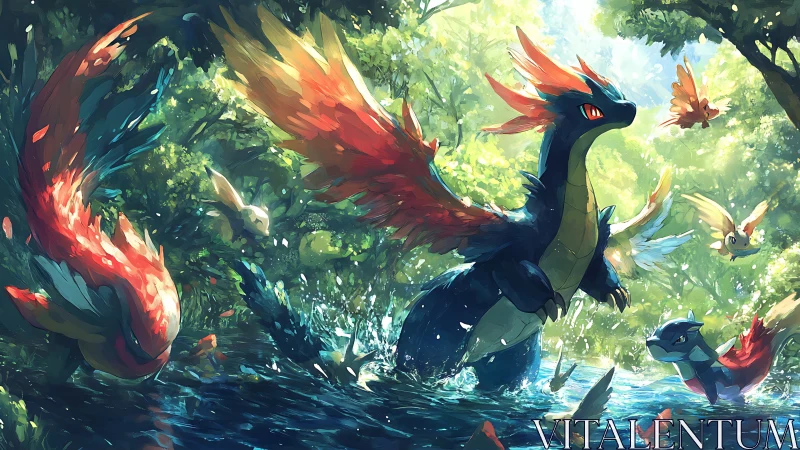 Bright forest dragons splash and soar through sunlit water