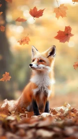 Red fox sits among autumn leaves under soft bokeh glow.