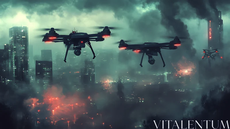 Quadcopter drones patrol a dense, smoke-filled cityscape at night