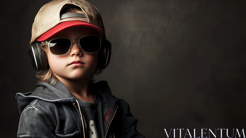 Child in Cyberpunk Aesthetic: Baseball Cap, Headphones, Sunglasses.
