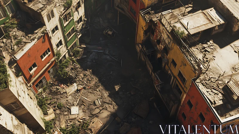 Collapsed urban courtyard between damaged apartment blocks.