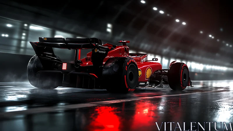 Red Formula race car under tunnel lights on wet track.