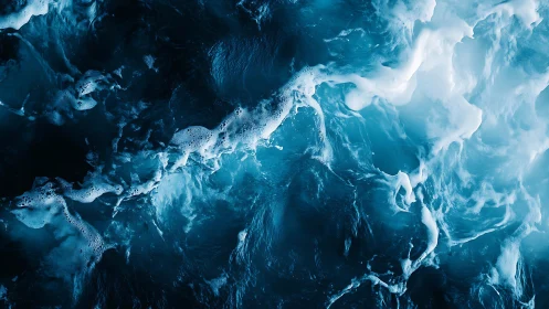 Aerial view of churning blue ocean waves in motion.