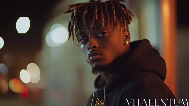 Moody street portrait bathed in warm urban night lights.