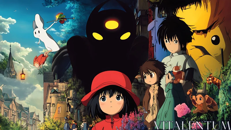 Whimsical anime friends exploring a bright enchanted city.