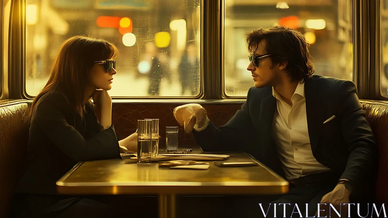 Stylish couple trade secrets inside golden city diner.