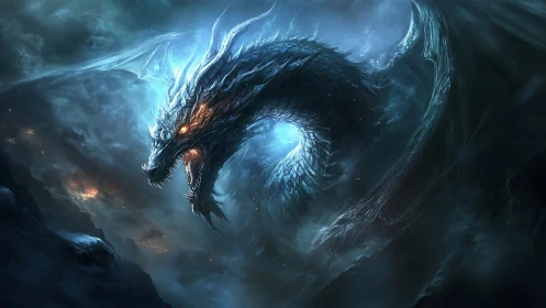 Iceborn dragon coils through stormlit abyssal sky in fury.