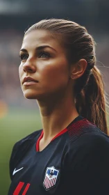 Focused soccer player framed in warm stadium light.