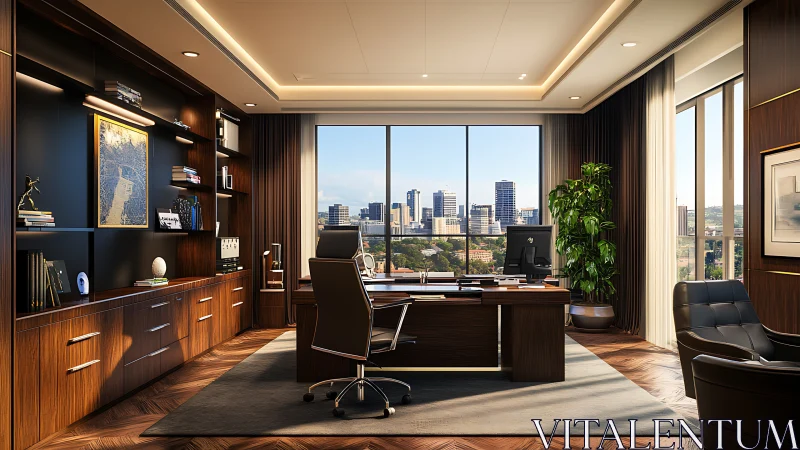 Executive corner office interior in warm modernist wood paneling.