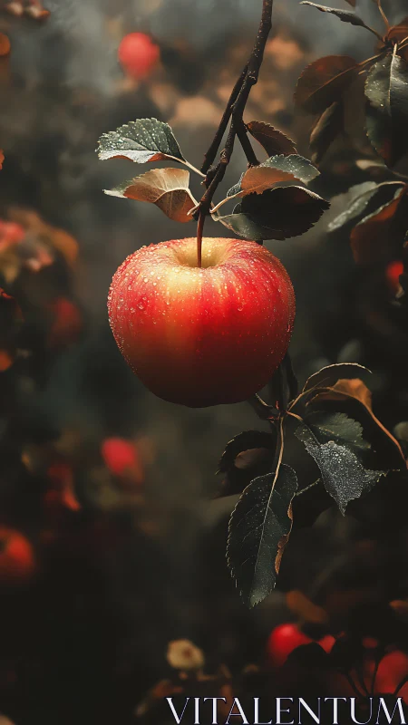 Dewy red apple hanging from branch in moody orchard.