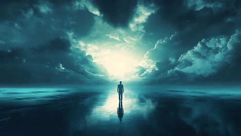 Luminous horizon welcomes a lone figure on mirrored water
