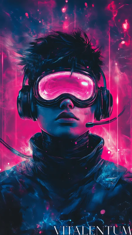 Neon cyber headset gamer in vivid virtual glow.