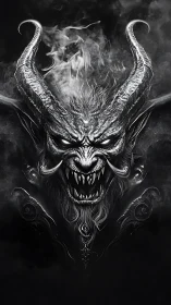 Demonic horned skull portrait in smoky monochrome style.
