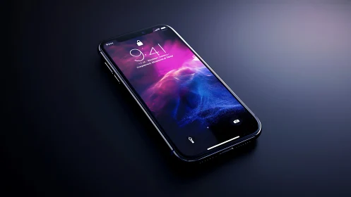 Modern smartphone on dark surface with vivid lock screen.
