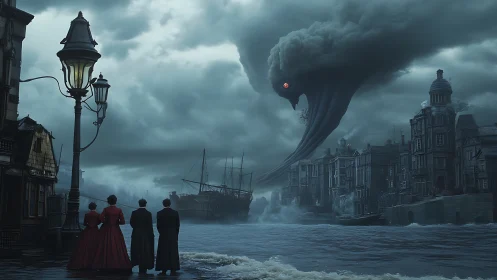 Victorian harbor under colossal storm-entity convergence event.