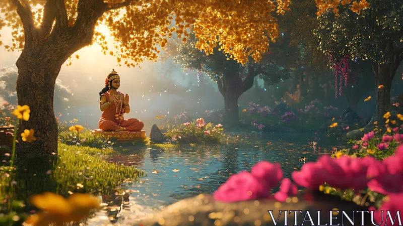 Serene river goddess in luminous golden blossom grove.