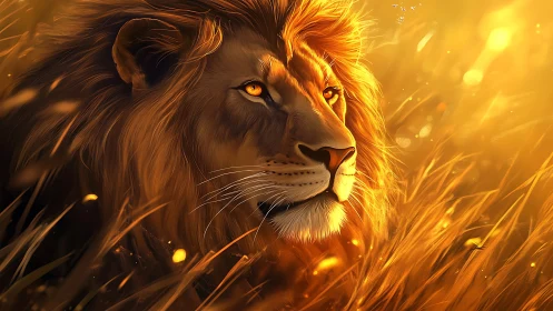 Majestic lion gazes through glowing golden savanna light.