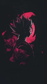 Silhouetted spiky-haired figure with red roses and crescent.