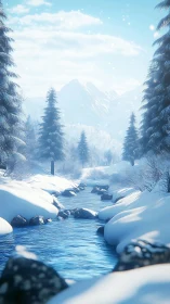 Gentle winter river winding through sunlit snowy pines.