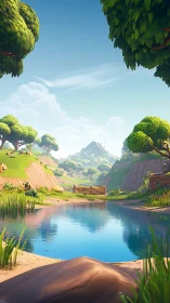 Sunlit cartoon valley pond reflects lush green hills.