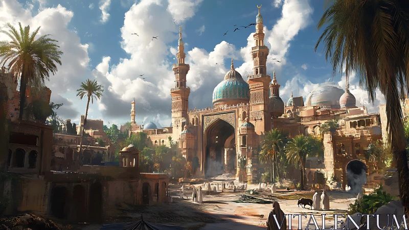 Sunlit desert city gathers around a grand turquoise mosque