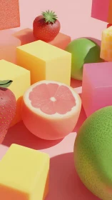 Fruits and pastel cubes quietly rehearse a candy-colored ballet