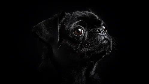 Black pug portrait on dark background with dramatic light.