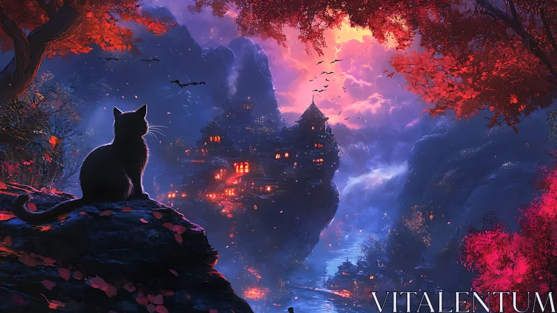 Black Cat Overlooking Mystical Castle at Dusk