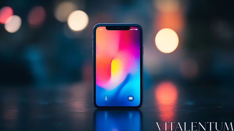 Modern smartphone displays vibrant gradient wallpaper in urban setting.