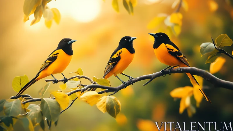Three vibrant orioles perched on branch, soft autumn bokeh background.
