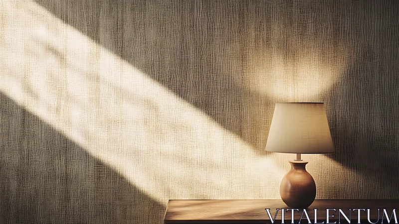 Warm ceramic table lamp in diagonal natural window light.