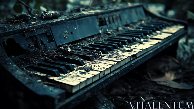 Forgotten piano keys resting quietly in the forest dusk.