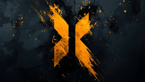 Bold orange angular symbol splits against dark textured background