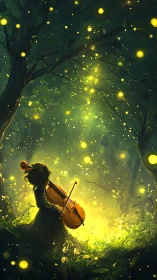 Girl plays cello beneath glowing fireflies in moonlit forest
