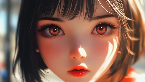 Sunlit anime girl gazes ahead with luminous amber eyes