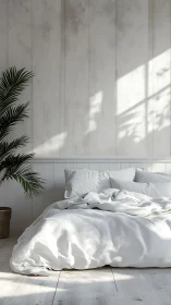 Minimalist white bedroom with unmade bed and morning sunlight