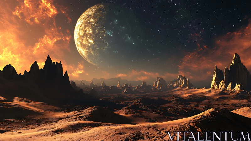 Alien desert world under burning sky and colossal moon