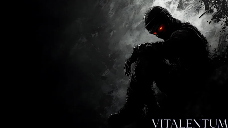 Silhouetted figure with red eyes in dark grayscale field.