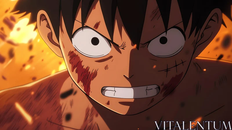 Battle-scarred anime hero roars in a storm of blazing embers